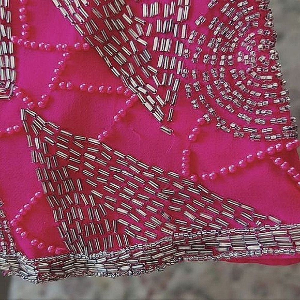 Vtg fuschia beaded silk half sleeve boat neck V back blouse - Picture 14 of 16